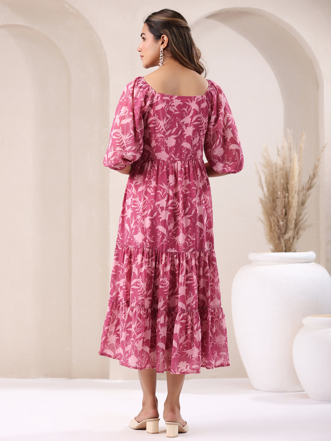 Janasya Dark Georgette Floral Tiered Dress
