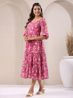 Thumbnail for Janasya Dark Georgette Floral Tiered Dress