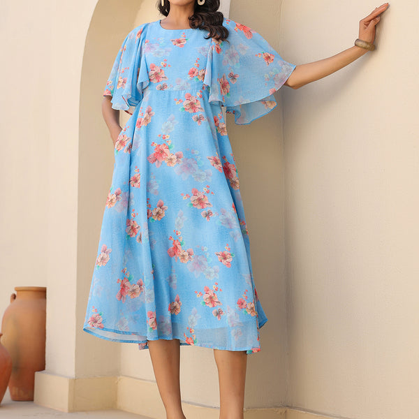 Janasya Bright Georgette Floral A-Line Dress