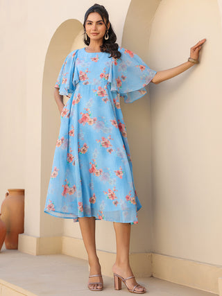 Janasya Bright Georgette Floral A-Line Dress