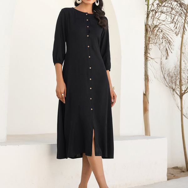 Janasya Dark Rayon Solid A-Line DRESS