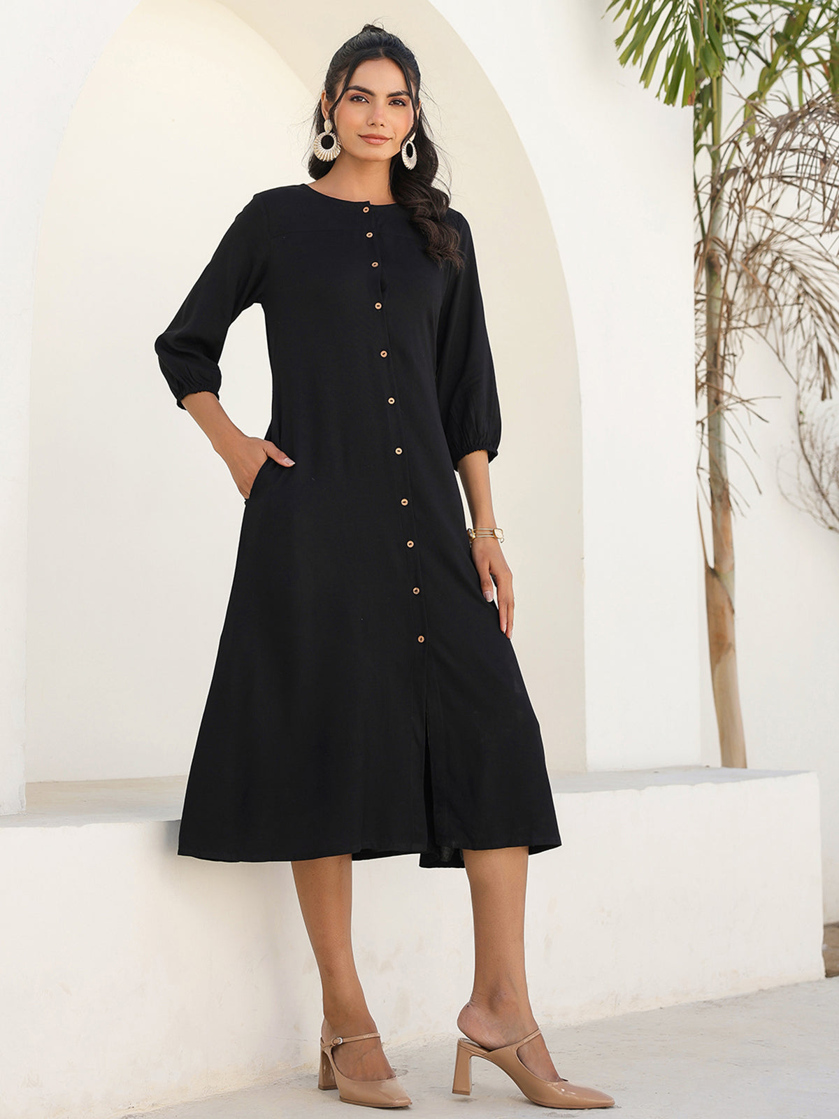 Janasya Dark Rayon Solid A-Line DRESS