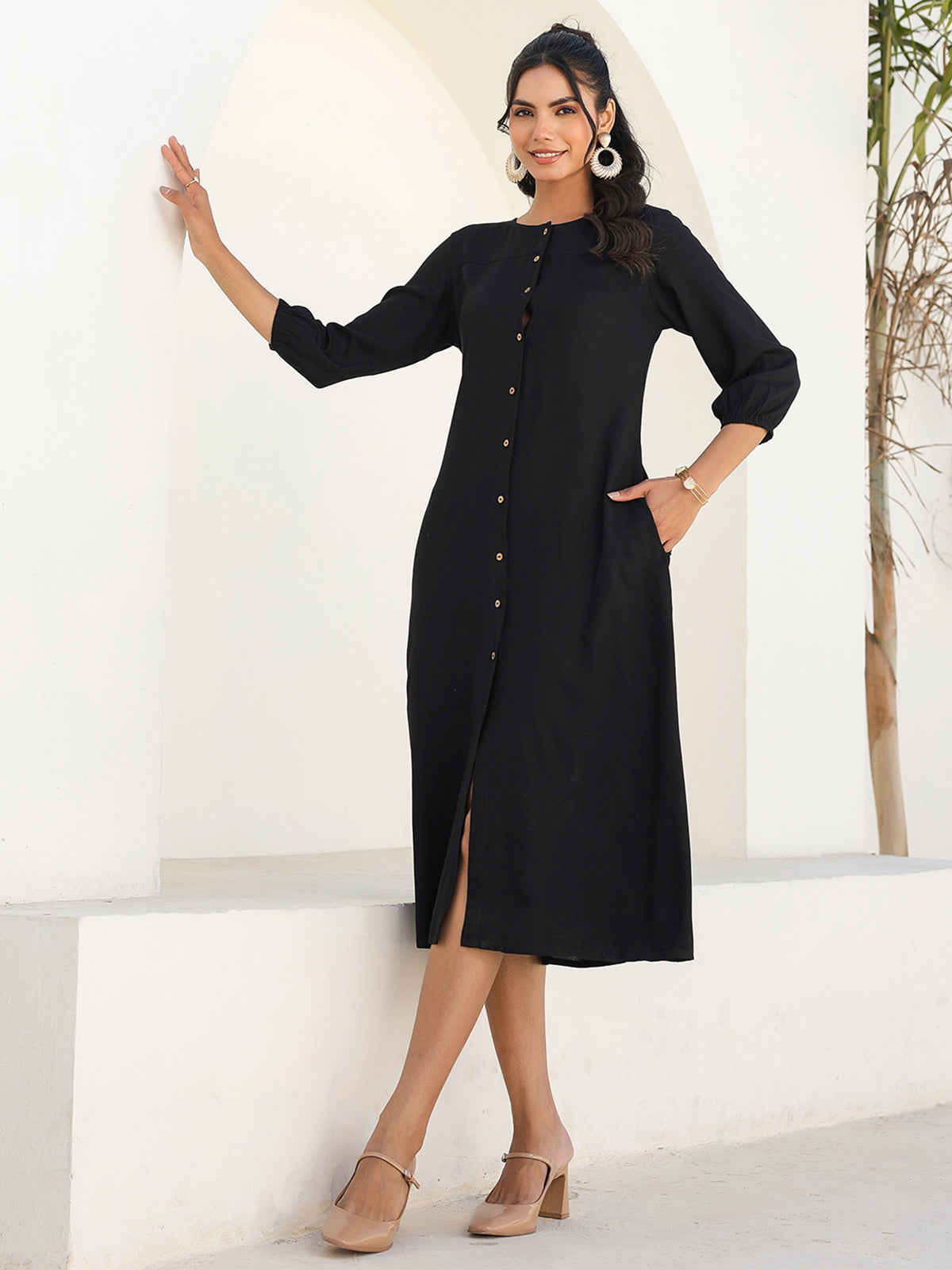 Janasya Dark Rayon Solid A-Line DRESS