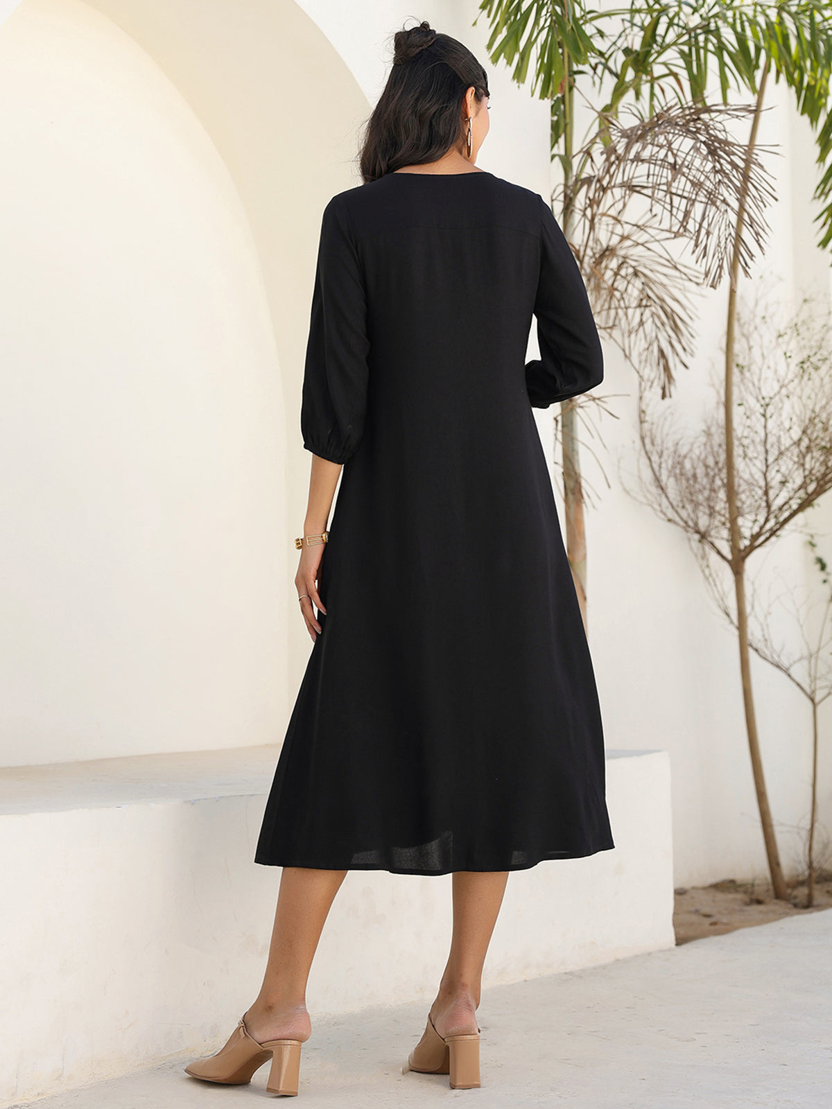 Janasya Dark Rayon Solid A-Line DRESS