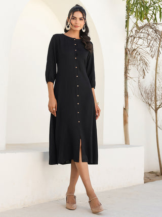 Janasya Dark Rayon Solid A-Line DRESS