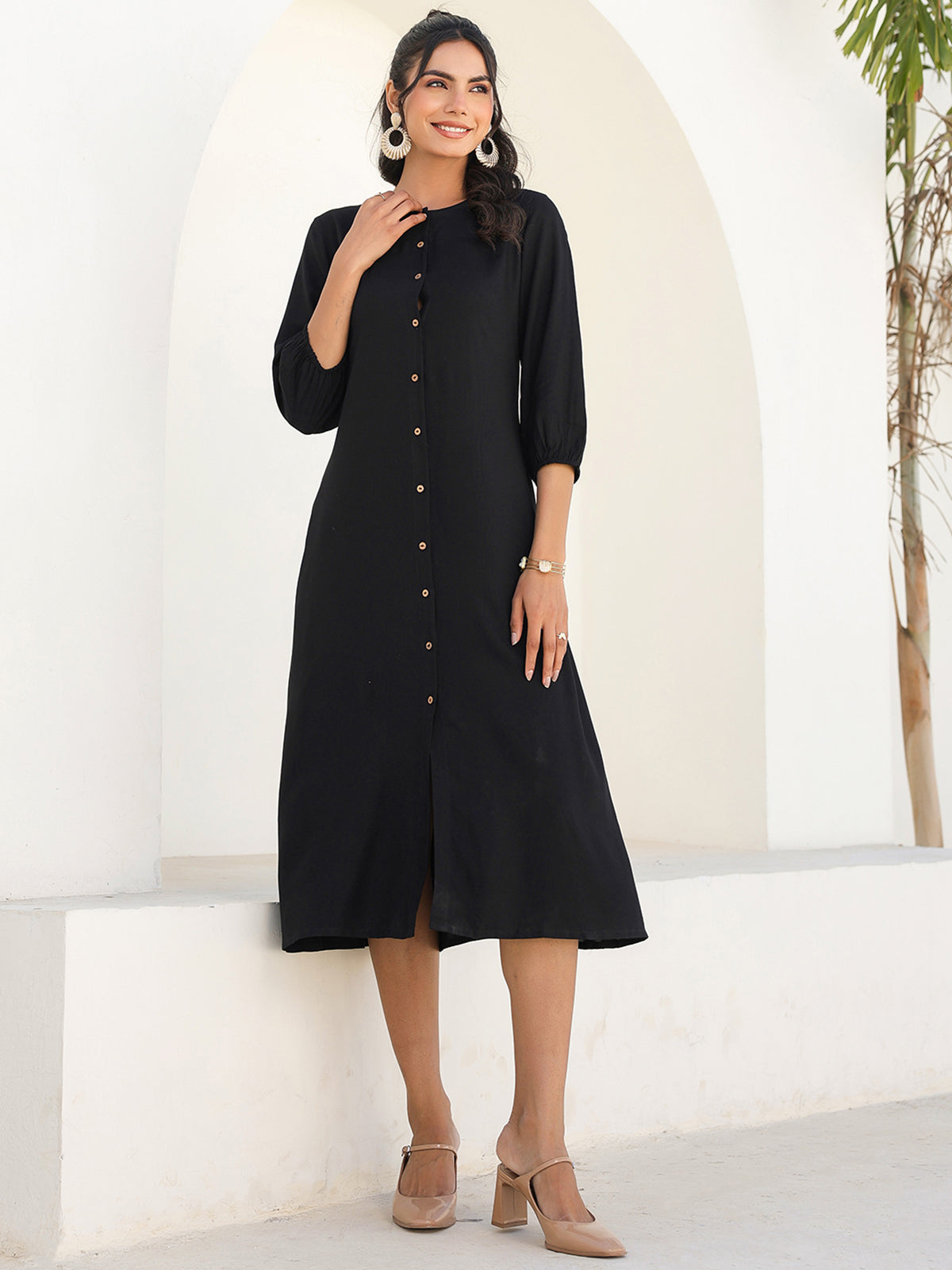 Janasya Dark Rayon Solid A-Line DRESS