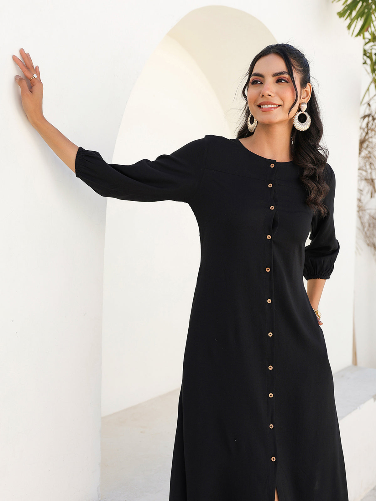 Janasya Dark Rayon Solid A-Line DRESS