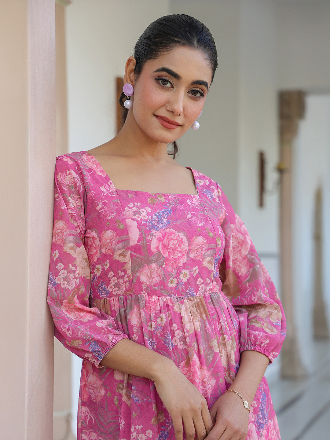 Janasya Dark Georgette Floral Tiered Dress