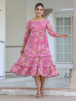 Thumbnail for Janasya Dark Georgette Floral Tiered Dress