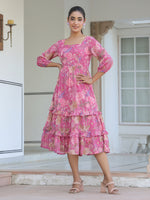 Thumbnail for Janasya Dark Georgette Floral Tiered Dress