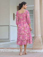 Thumbnail for Janasya Dark Georgette Floral Tiered Dress