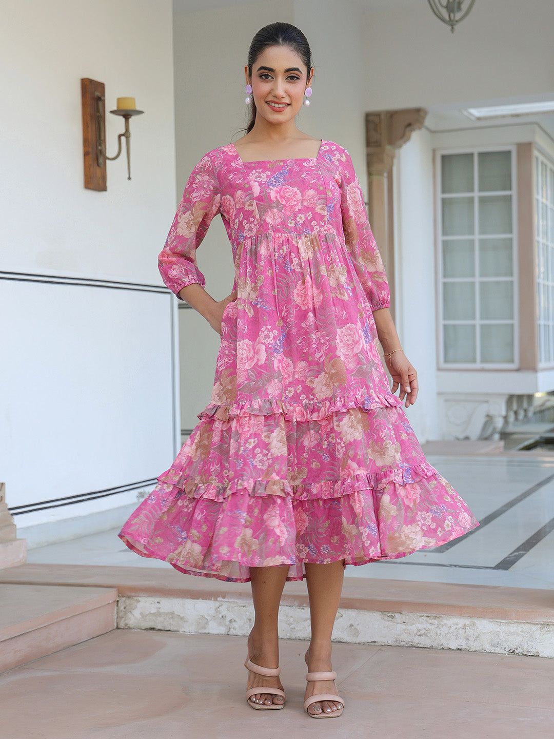Janasya Dark Georgette Floral Tiered Dress