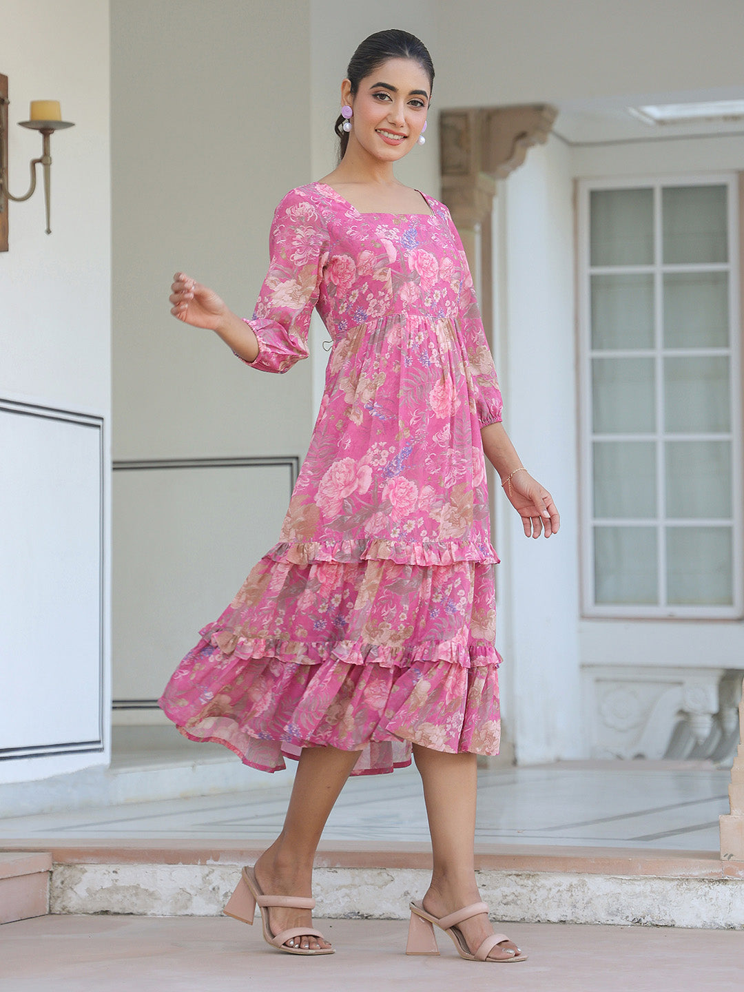 Janasya Dark Georgette Floral Tiered Dress