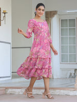 Thumbnail for Janasya Dark Georgette Floral Tiered Dress