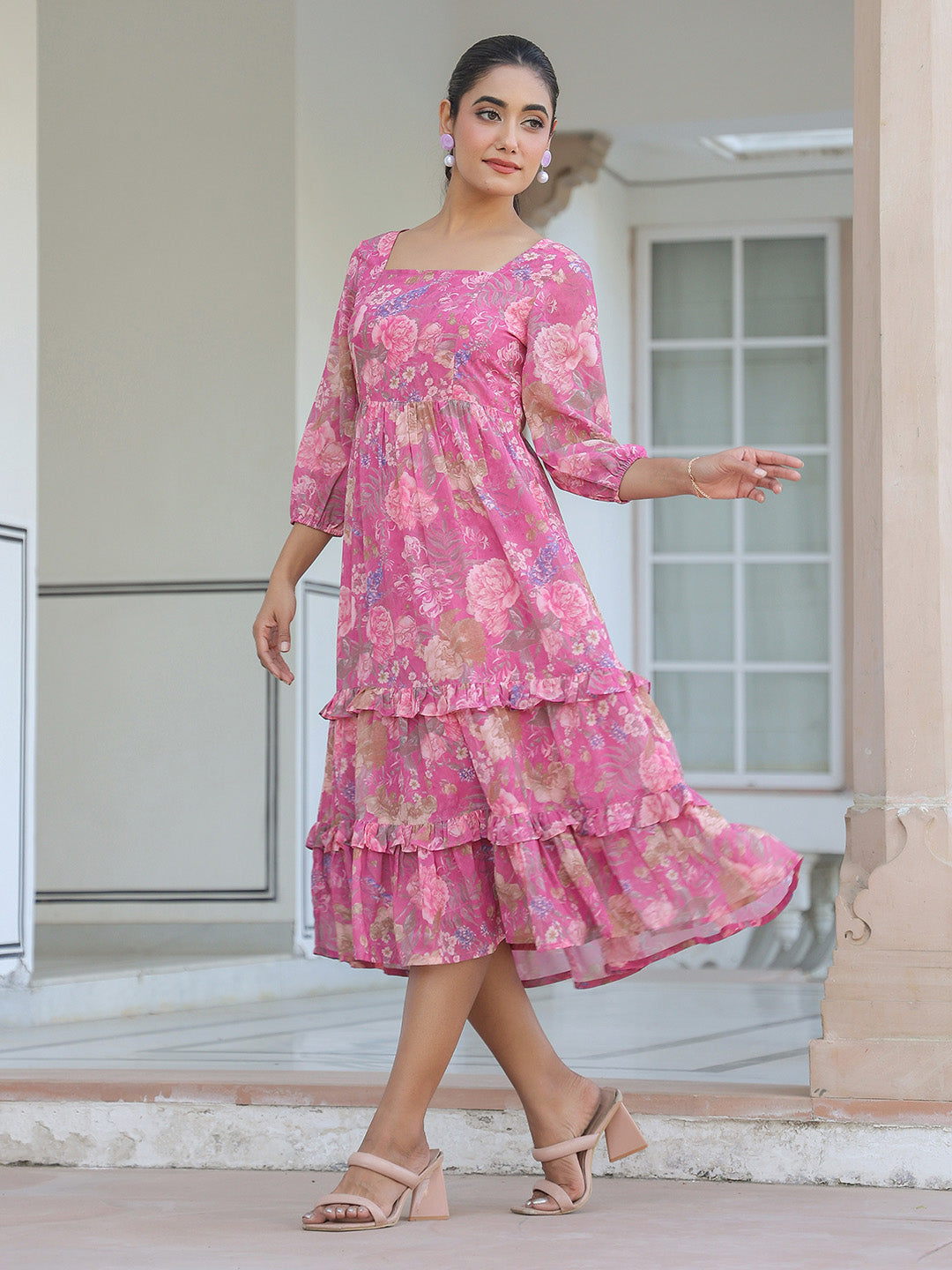 Janasya Dark Georgette Floral Tiered Dress