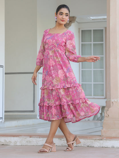Janasya Dark Georgette Floral Tiered Dress - Distacart