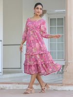 Thumbnail for Janasya Dark Georgette Floral Tiered Dress