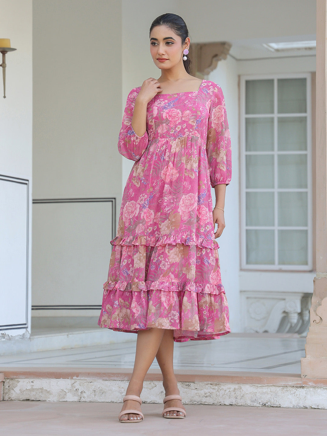 Janasya Dark Georgette Floral Tiered Dress - Distacart