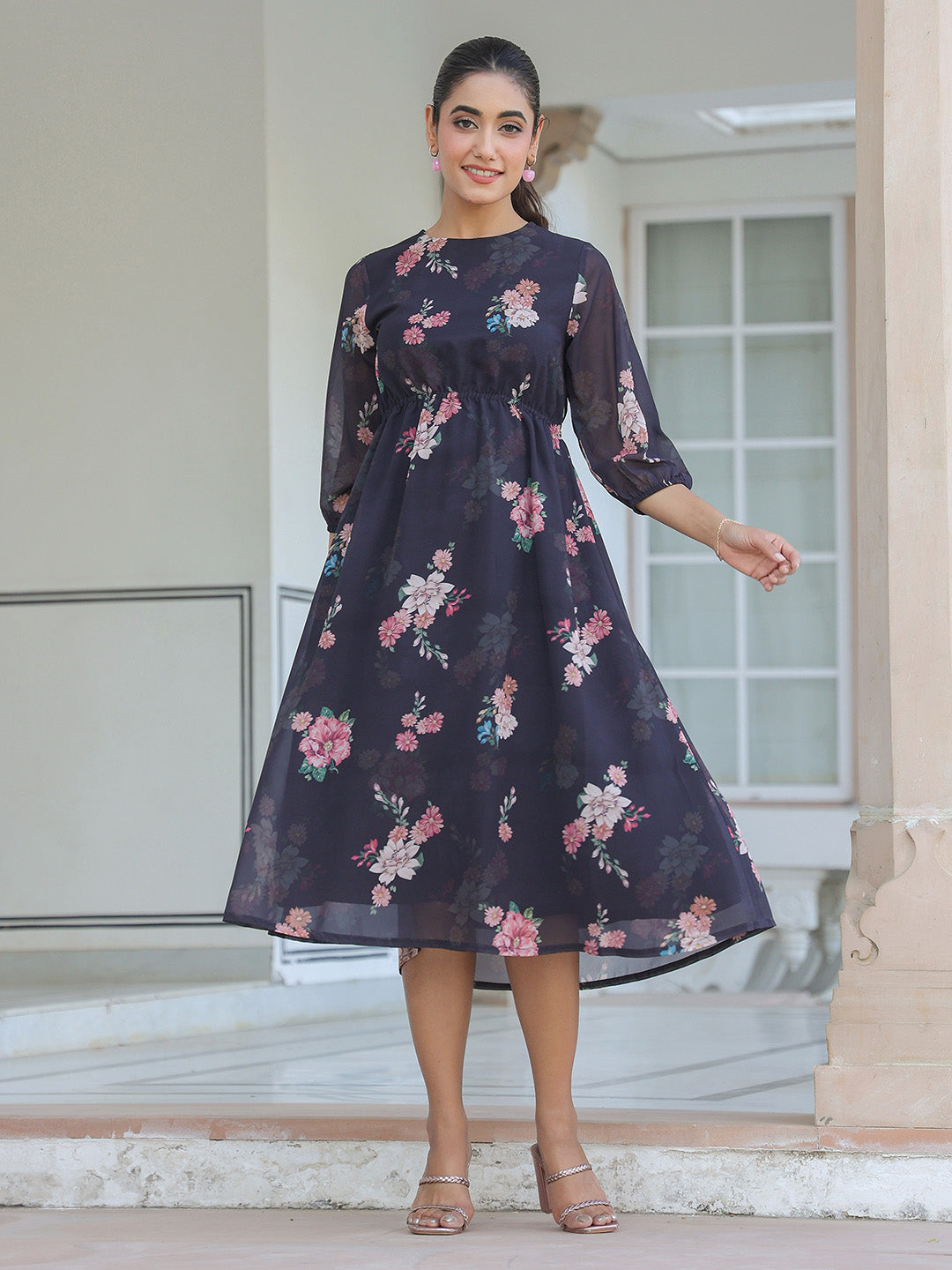 Janasya Dark Georgette Floral A-Line Dress