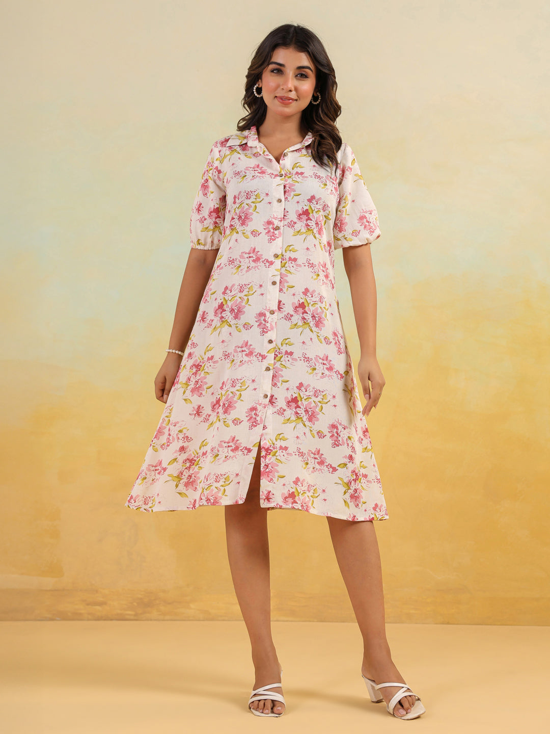 Janasya Light Cotton Floral A-Line Dress