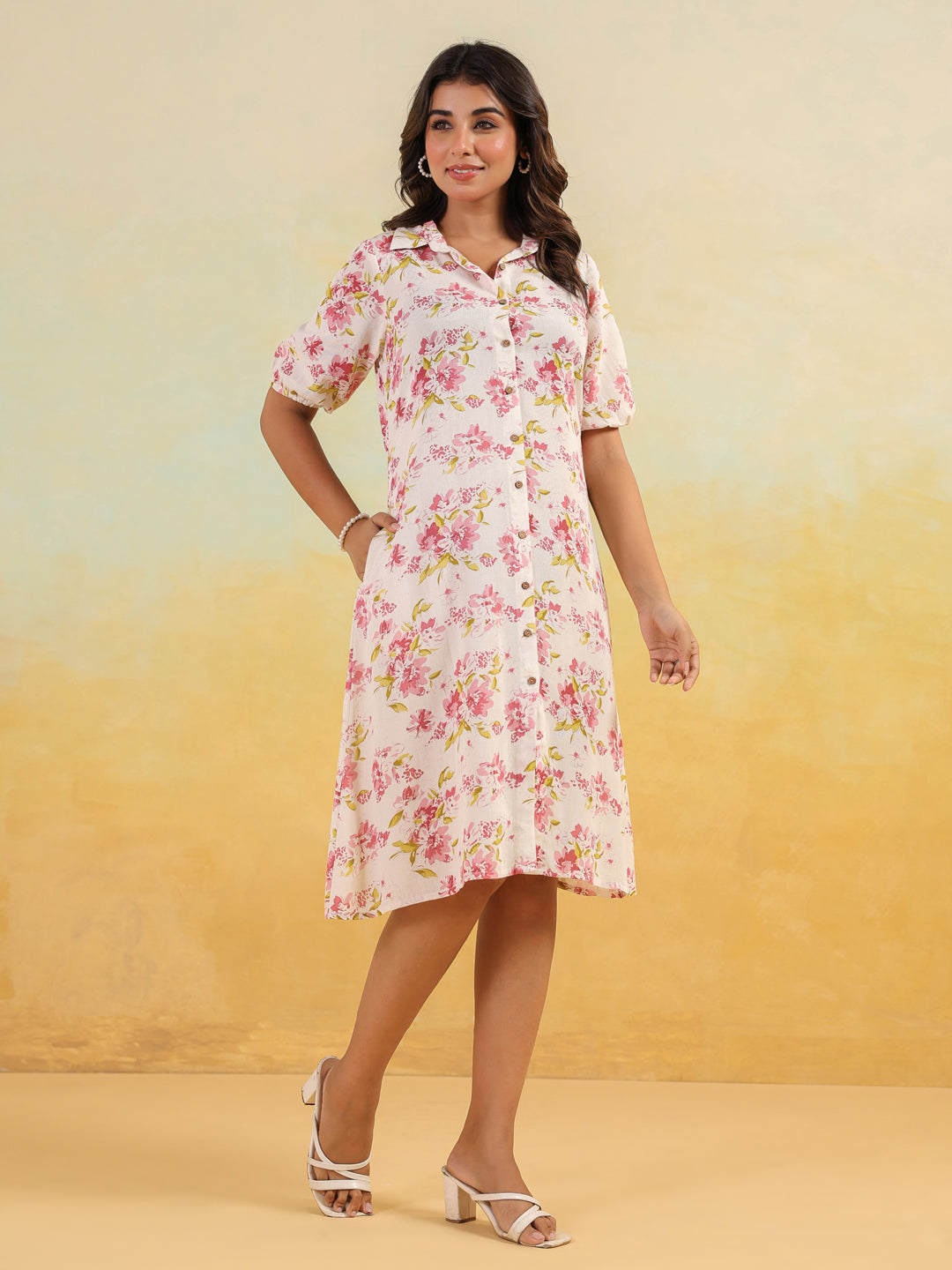 Janasya Light Cotton Floral A-Line Dress