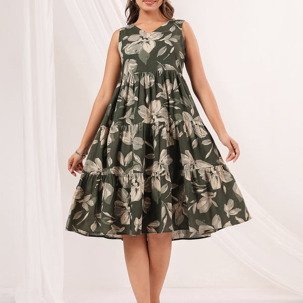 Janasya Dark Cotton Floral Tiered Dress