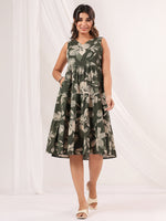 Thumbnail for Janasya Dark Cotton Floral Tiered Dress