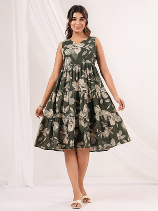 Janasya Dark Cotton Floral Tiered Dress