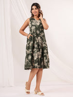 Thumbnail for Janasya Dark Cotton Floral Tiered Dress