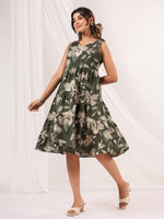 Thumbnail for Janasya Dark Cotton Floral Tiered Dress