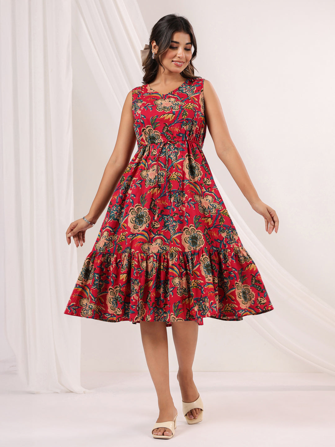 Janasya Bright Cotton Floral Fit & Flare Dress