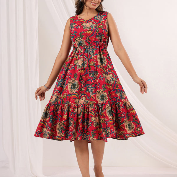 Janasya Bright Cotton Floral Fit & Flare Dress