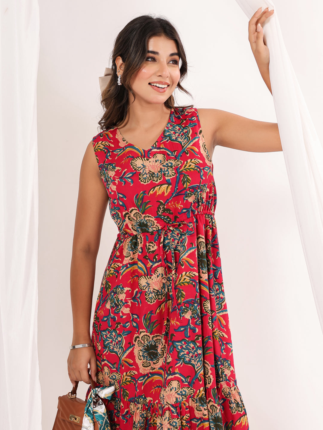 Janasya Bright Cotton Floral Fit & Flare Dress