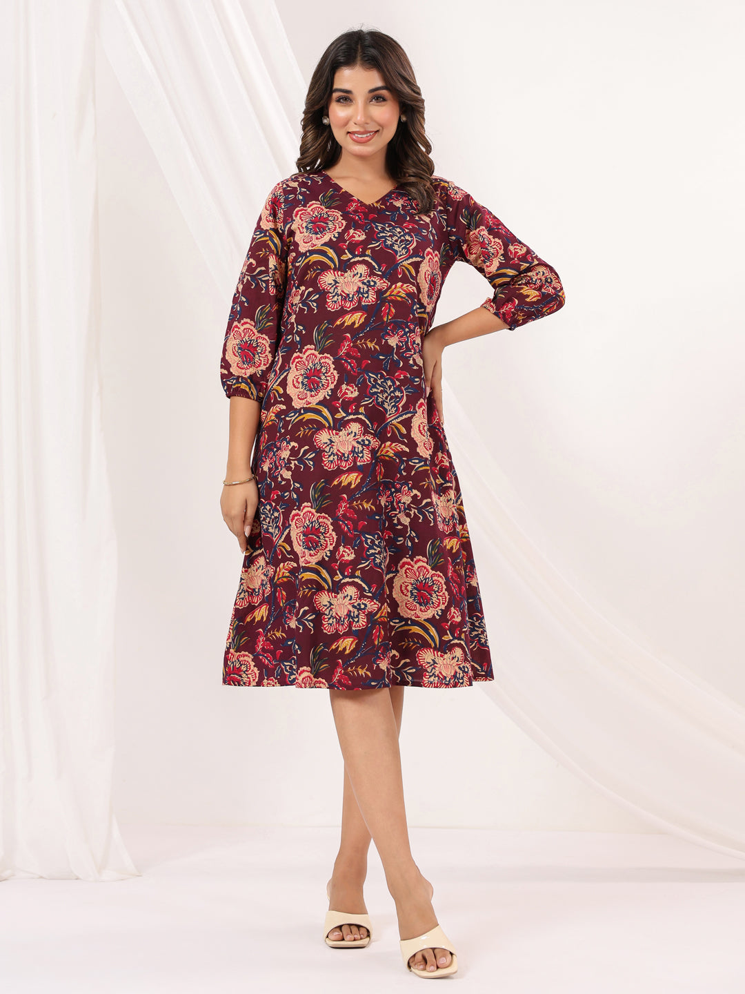 Janasya Dark Cotton Floral A-Line Dress