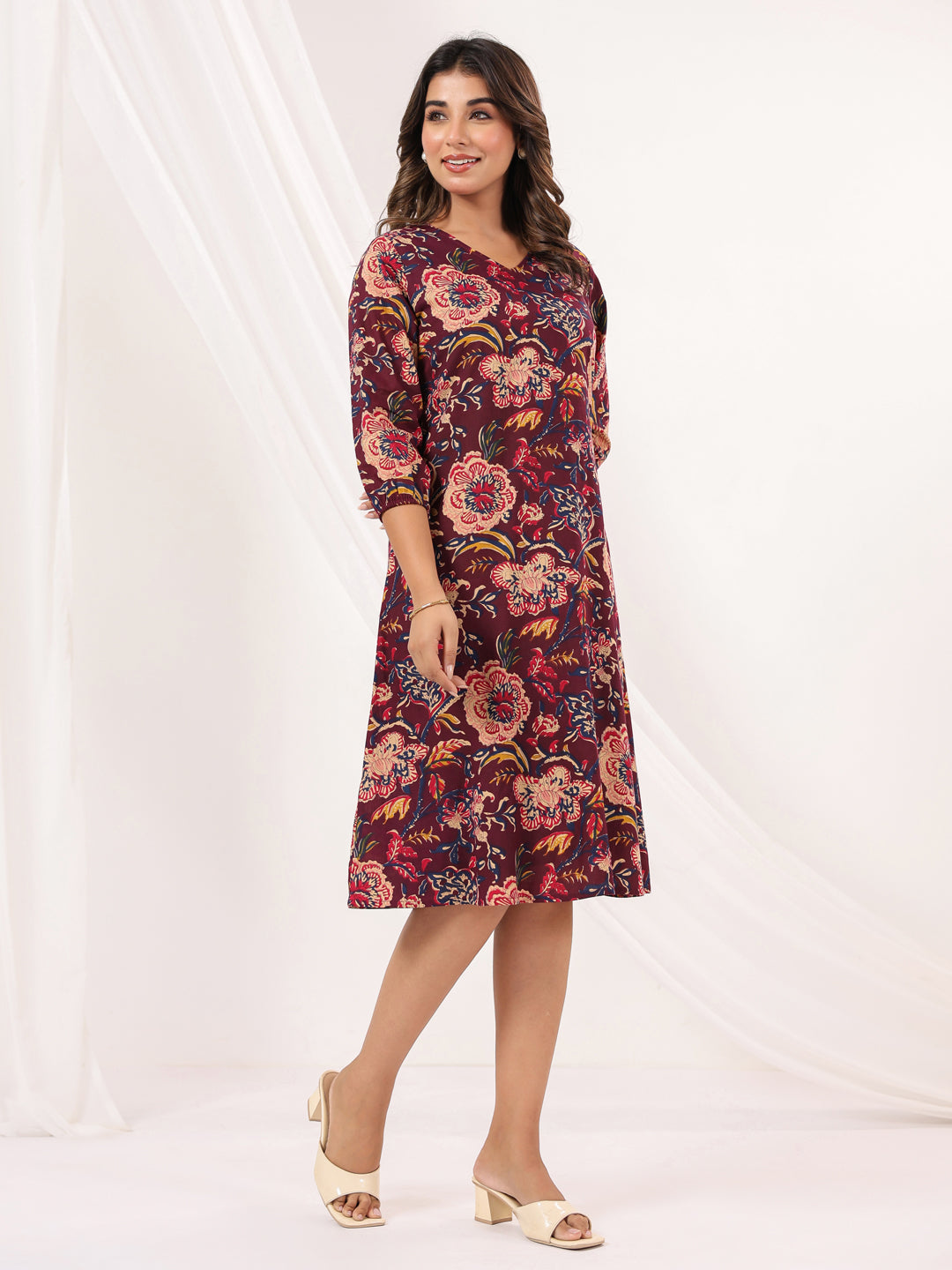 Janasya Dark Cotton Floral A-Line Dress