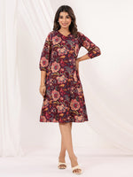 Thumbnail for Janasya Dark Cotton Floral A-Line Dress