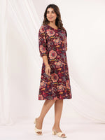 Thumbnail for Janasya Dark Cotton Floral A-Line Dress
