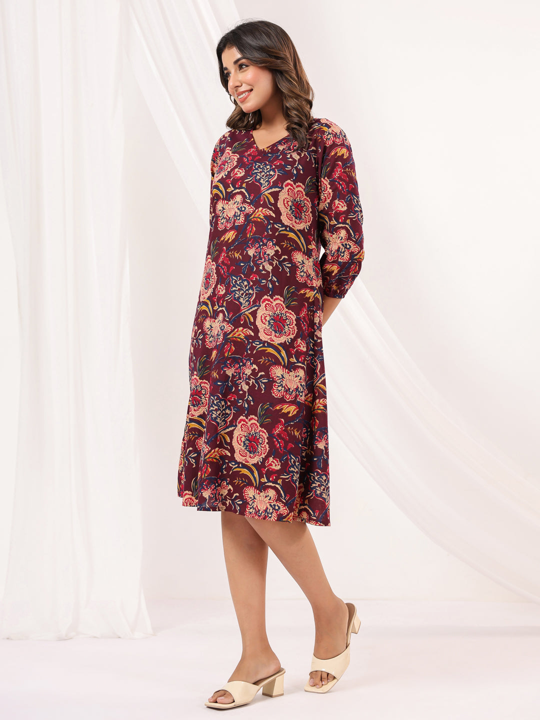 Janasya Dark Cotton Floral A-Line Dress