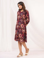 Thumbnail for Janasya Dark Cotton Floral A-Line Dress