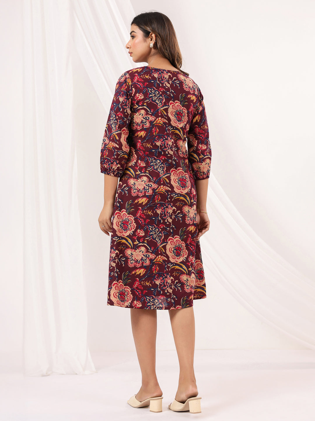 Janasya Dark Cotton Floral A-Line Dress