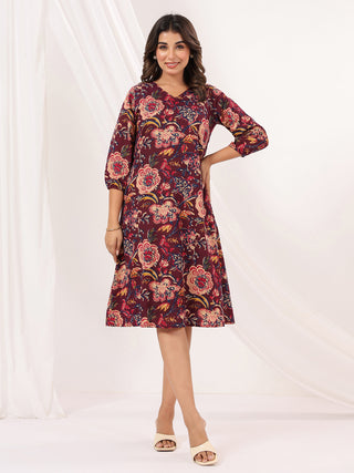 Janasya Dark Cotton Floral A-Line Dress