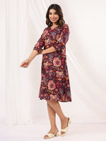 Thumbnail for Janasya Dark Cotton Floral A-Line Dress