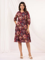 Thumbnail for Janasya Dark Cotton Floral A-Line Dress