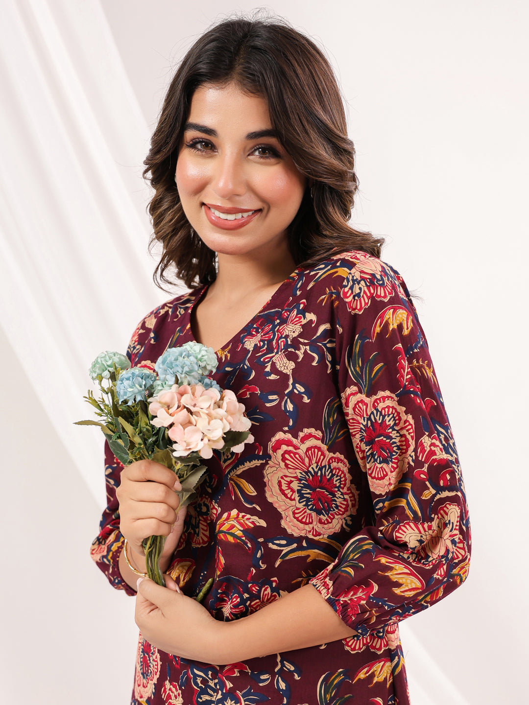 Janasya Dark Cotton Floral A-Line Dress