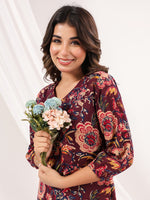 Thumbnail for Janasya Dark Cotton Floral A-Line Dress