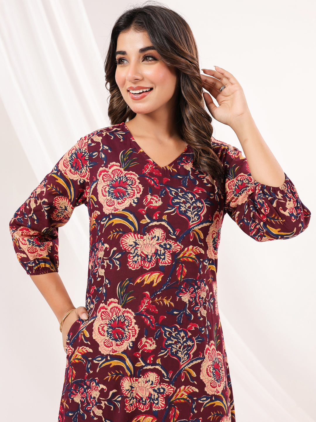 Janasya Dark Cotton Floral A-Line Dress