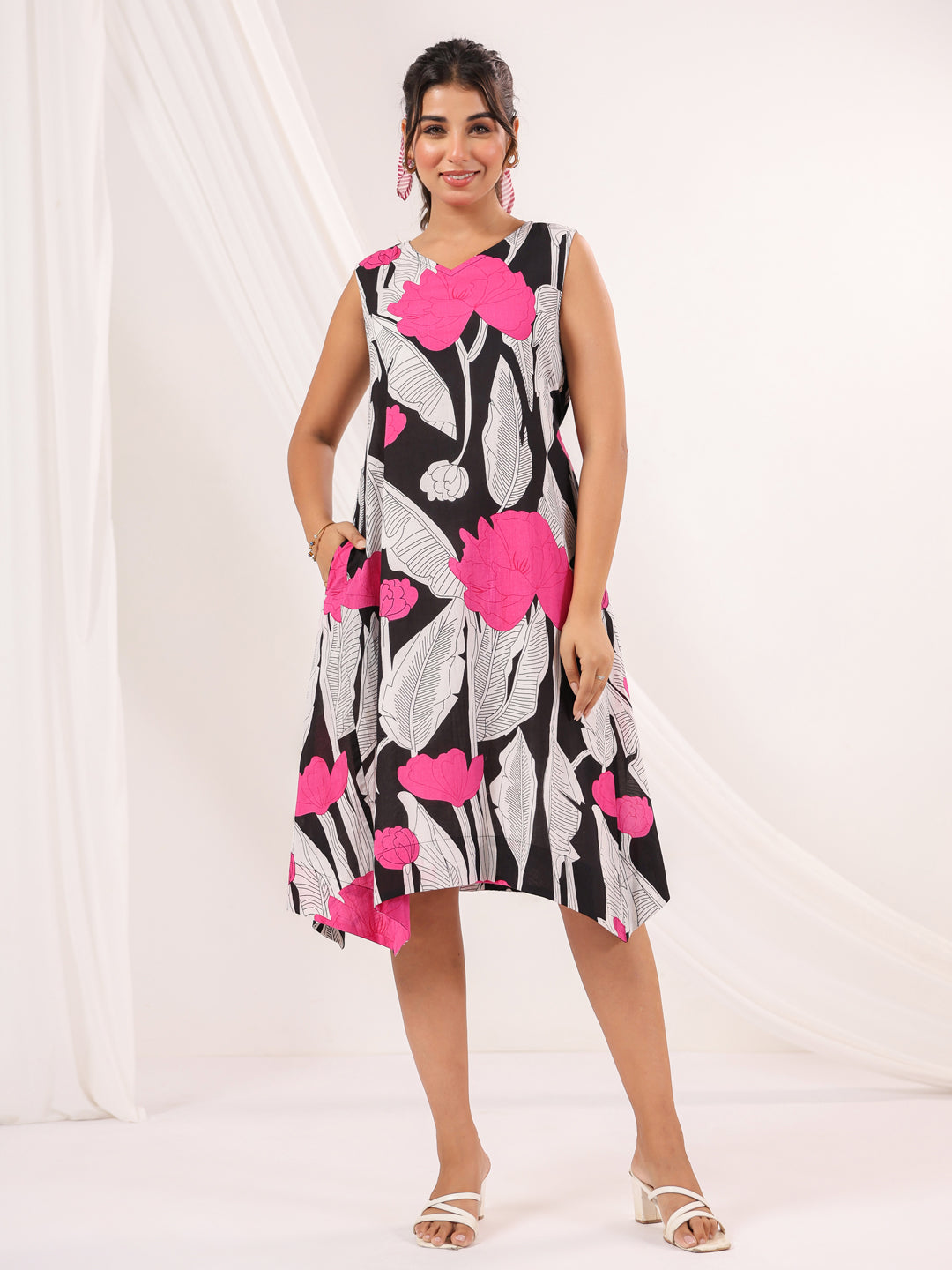 Janasya Dark Cotton Floral Handkerchief Dress