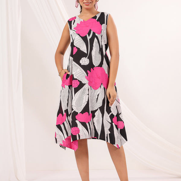 Janasya Dark Cotton Floral Handkerchief Dress