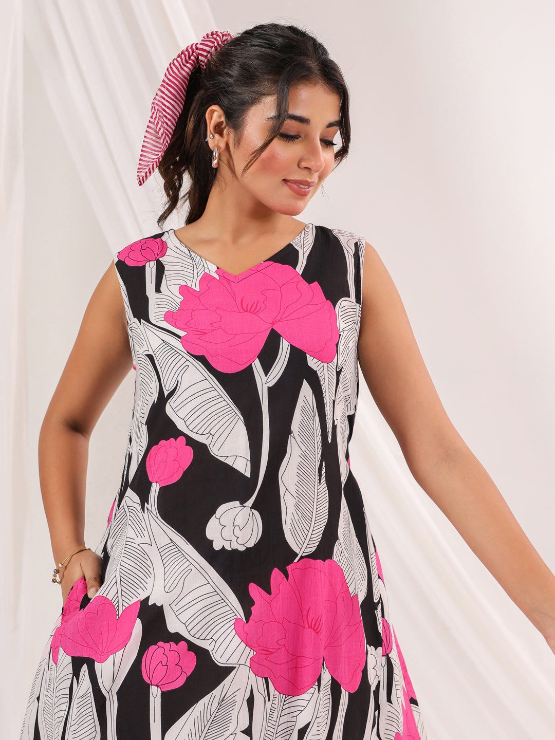 Janasya Dark Cotton Floral Handkerchief Dress