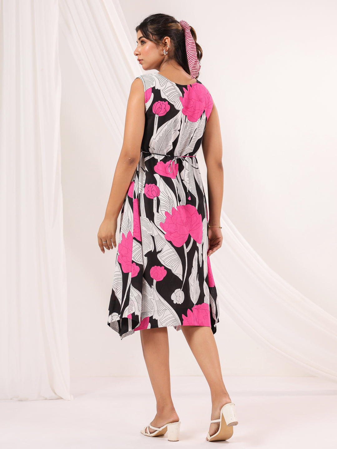 Janasya Dark Cotton Floral Handkerchief Dress